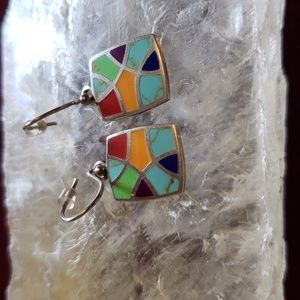 Vintage Inlaid Sterling Multi Stone Southwestern Handcrafted Artisan Earrings